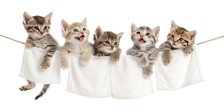 Five adorable tabby kittens hanging on a clothesline with white fabric sacks displaying playful expressions in a delightful studio shot showcasing feline cuteness and innocence