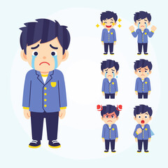 Vector illustrations of a sad Japanese male youth. This character set features crying, happy, angry, and surprised expressions in a modern flat design style. Perfect for various digital projects.