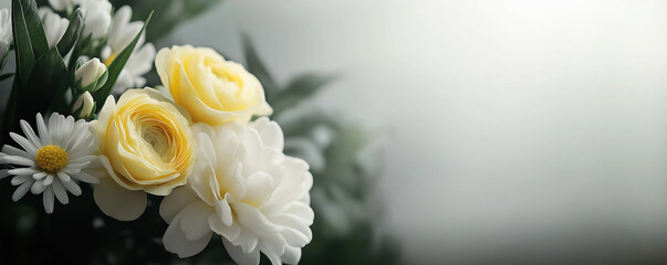 Funeral or memorial flowers featuring roses and daisies, with a dark, reflective background.