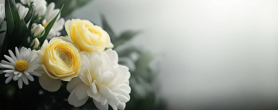 Fototapeta Funeral or memorial flowers featuring roses and daisies, with a dark, reflective background.