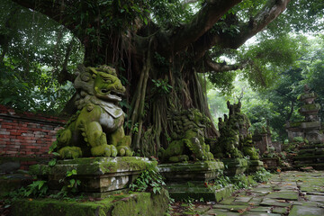 Ancient cemetery with moss-covered stone angel statues, large shade trees, dramatic dark atmosphere