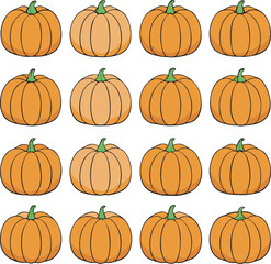A Grid of 12 Orange Pumpkins with Green Stems on a White Background