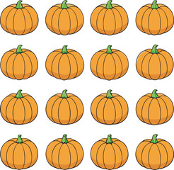 A Festive Pattern of Orange Pumpkins with Green Stems on a White Background