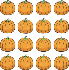 A Grid of 16 Orange Pumpkins with Green Stems on a White Background