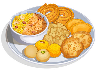 Diwali Sweet and Savory Snacks Thali Illustration - Poha Chivada, Murmura, Chakli, Gujiya, Napakparay, Thattai, Boondi and Besan Ladoo.