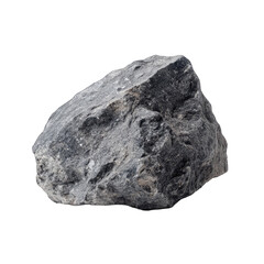 A dark gray, irregularly shaped rock.  Its surface is rough and uneven, with slight variations in tone