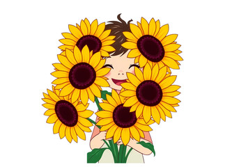 Celebrate Happiness with this New 435 Letter Vector Design, Showcasing a Happy Kid Among a Beautiful Cluster of Sunflowers in a Cheerful Style. Beautiful Design.