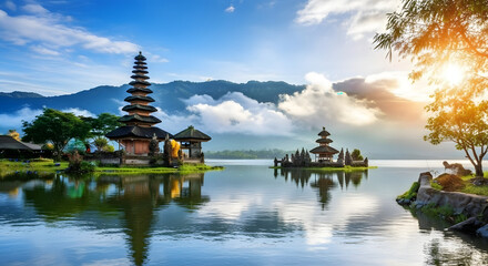 This is a beautiful, scenic photograph taken during either sunrise or sunset. The image features a Hindu water temple, likely Pura Ulun Danu Beratan in Bali, Indonesia.