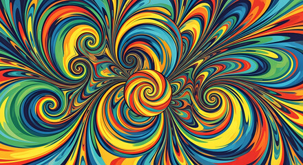 Fototapeta premium This image is a vibrant, abstract, and highly dynamic digital painting. The main feature is a swirling, psychedelic vortex of color that emanates from a central point.