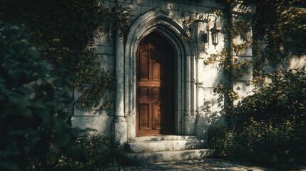 Fototapeta premium Old stone doorway with wooden door in overgrown garden.