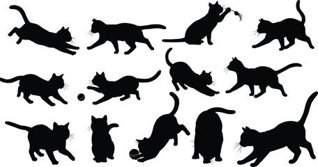 Black cat silhouettes, playful kittens, sitting, walking, jumping, running, playing with ball, cute cartoon pets, domestic animals, Halloween theme, vector illustration