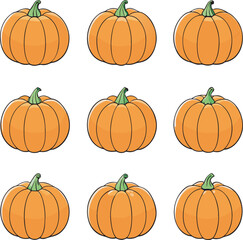 Nine cartoon pumpkins with green stems on a white background, perfect for autumn themes