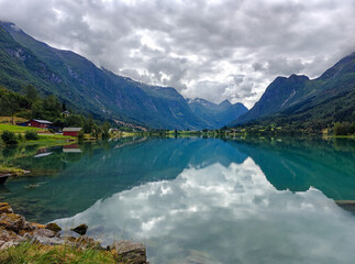 Amazing sky reflecting in Lake Floen in Olden in Nordfjord