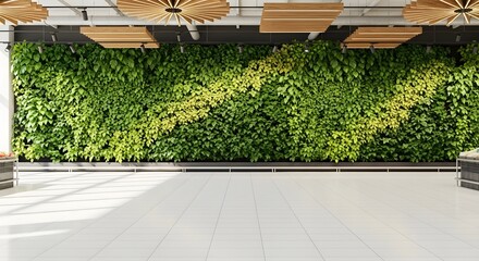 A large, vibrant green wall filled with various plants, set against a white tiled floor and a ceiling with wooden accents.