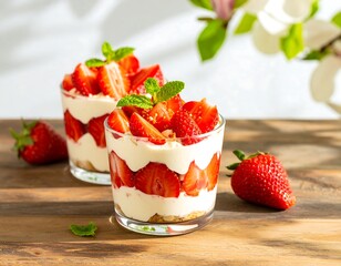 Two layered desserts in glasses, strawberries and cream, garnished with mint, on wooden surface