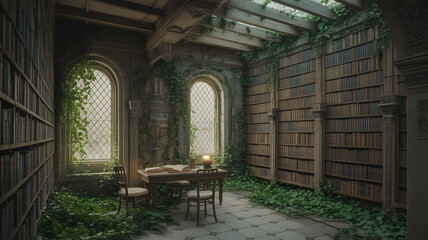 Ancient overgrown library interior with dusty bookshelves and natural light streaming through arched windows