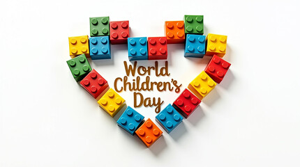 Obraz premium Colorful toy blocks arranged in a heart shape with world childrens day text isolated on white background, representing love, education, and celebration of childhood