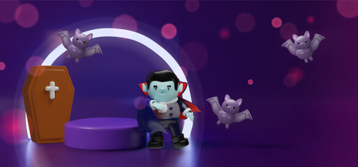 Obraz premium 3D Halloween banner featuring a cute vampire character standing on a purple podium, surrounded by flying bats and a wooden coffin. For festive invitations, seasonal promotions, spooky-themed designs.