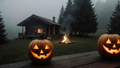 A pair of carved pumpkins on a broad timber veranda. The scene has faint fog and bonfire embers for a cozy feel.