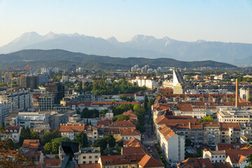 Fototapeta premium Panoramic View of Ljubljana at Sunset Seen from Castle Hill Overlooking the City