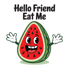 Watermelon fruit groovy cartoon character solid white background vector