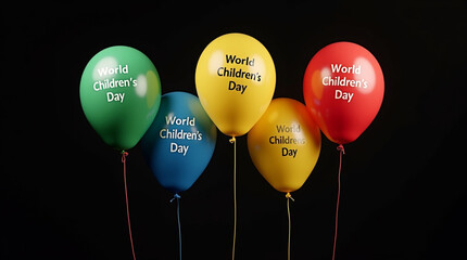 A vibrant assortment of colorful balloons against a black backdrop, each adorned with the words world childrens day, symbolizing the global celebration of childhood and childrens rights