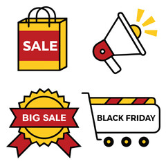 Naklejka premium Illustration of sale bag megaphone big sale badge and black friday shopping cart icons for promotional events