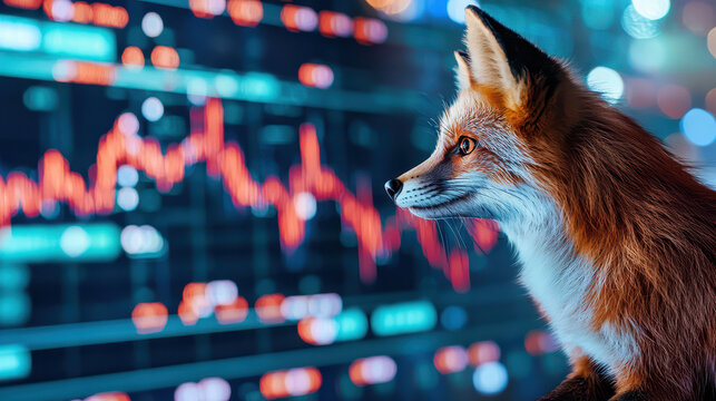 Cunning fox gazes thoughtfully at digital stock market display, symbolizing intelligence and strategy in finance