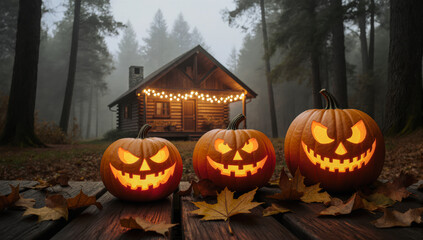 Obraz premium A magical Halloween night with glowing pumpkins and leaves. The charming log cabin and string lights add to the festive atmosphere.