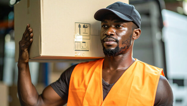 Dedicated delivery driver carrying package with determined expression, ready to serve customers