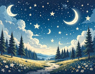 Naklejka premium A minimalist pattern of tiny stars and moons on a dark blue background.