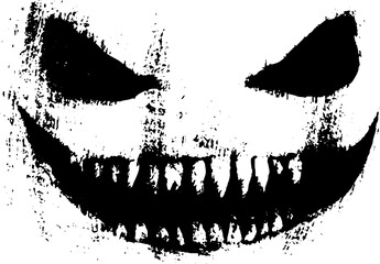Grunge black and white demonic face illustration for spooky designs and halloween themes