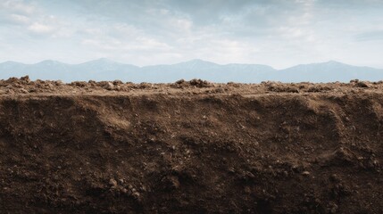 Sectional earth view with mountains and sky showcasing soil composition