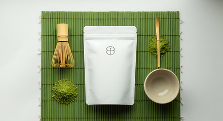 Matcha Tea Ceremony Still Life - Bamboo Whisk, Ladle, and White Package on Green Mat.