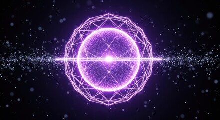 Mystical purple sphere encapsulated in a geometric frame amidst cosmic particle flow