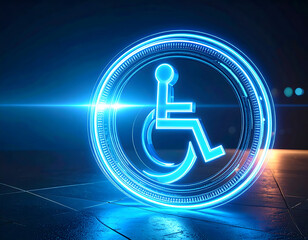 Accessible world icon: A dynamic, illuminated accessibility icon against a deep blue backdrop, suggesting inclusivity, highlighting the importance of universal accessibility and rights. 