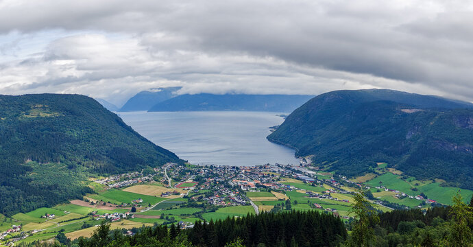 View from Storesvingen Viewpoint on Vikoyri town, on the Sogne Fjord, Norway