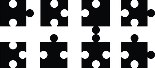 Black puzzle pieces silhouette, vector icons, isolated shapes, missing parts, jigsaw game, abstract connection, teamwork concept, problem solving, strategy, creativity