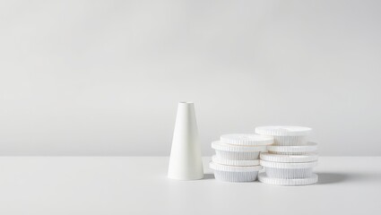 A minimalist still life featuring a white cone and stacks of white foil baking cups on a white surface