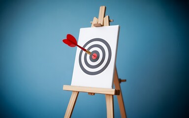 Conceptual image of an arrow hitting the center of a target, symbolizing goals, objectives, strategy, and achieving success against a blue background