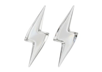 Elegant, spiraling silver glass lightning bolts, pearlescent sheen, iridescent reflections, on white studio background, copy space, concept of latent power and elegance