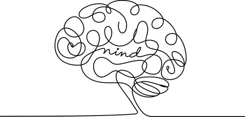 Human brain continuous line drawing, creative abstract design, psychology concept, mental health awareness, mind thinking illustration, modern minimalist art vector