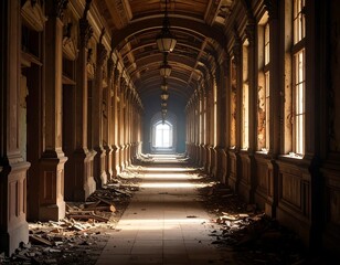 Fototapeta premium A sunlit, decaying hallway, filled with debris, showcasing the grandeur of a forgotten building.