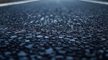 Close-up of black asphalt texture with grainy surface detail in monochrome, shallow depth of field highlighting road material