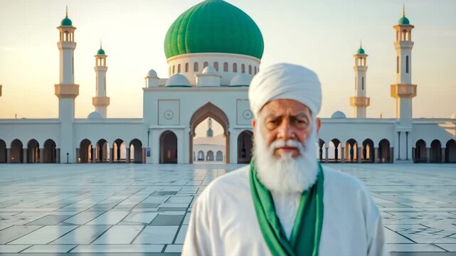 A man with a beard and white hair stands in front of a large green dome. He is wearing a white robe and a green scarf