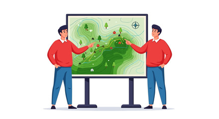 Fototapeta premium Two men in red shirts and blue pants pointing at a topographic map on a stand