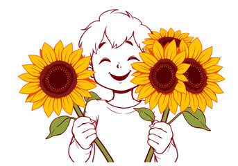 A Charming New Vector Illustration with a Beautiful Cluster of Sunflowers and a Happy Kid, Designed on a Transparent Background for Joyful Projects.