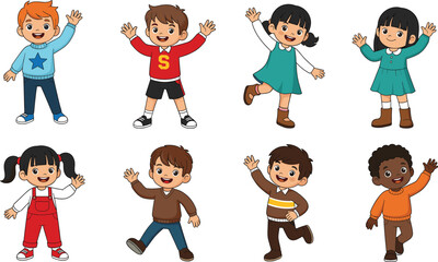 Cartoon, children, diverse, group, waving, happy, multicultural, playful, illustration, kids, standing, cheerful, colorful, characters, education, school, friendship, fun, smiling, white background