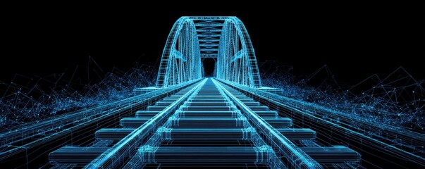 A glowing blue wireframe depiction of train tracks receding into a bridge arch against a black backdrop