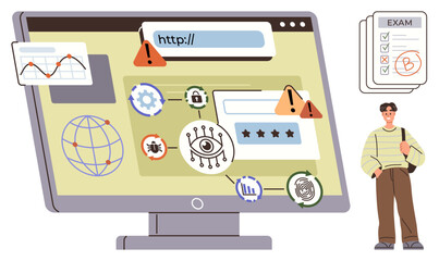 Computer screen with cybersecurity icons, warning alerts, malware, privacy, and a user holding exam results. Ideal for cybersecurity, online threats, tech awareness, privacy education risk